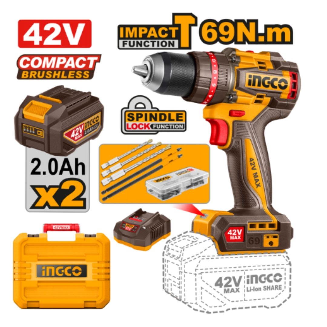 INGCO CIDLI426982 42V 69Nm Brushless Cordless Impact Drill with 2 Batteries, Charger, Accessories & Carrying Case feature image