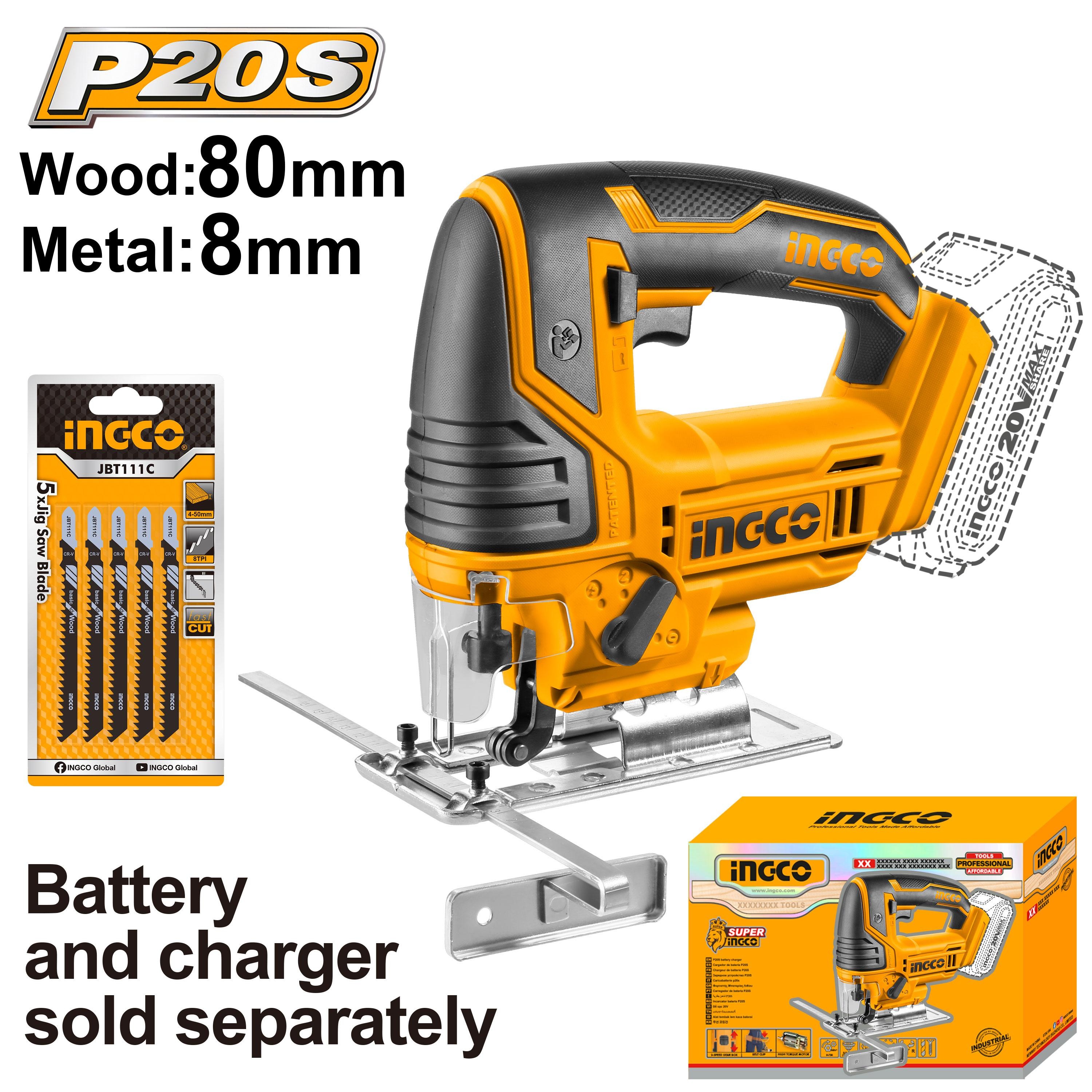 INGCO CJSLI8501 20V Cordless Jig Saw with 2400rpm Speed & 80mm Wood Cutting Capacity feature image