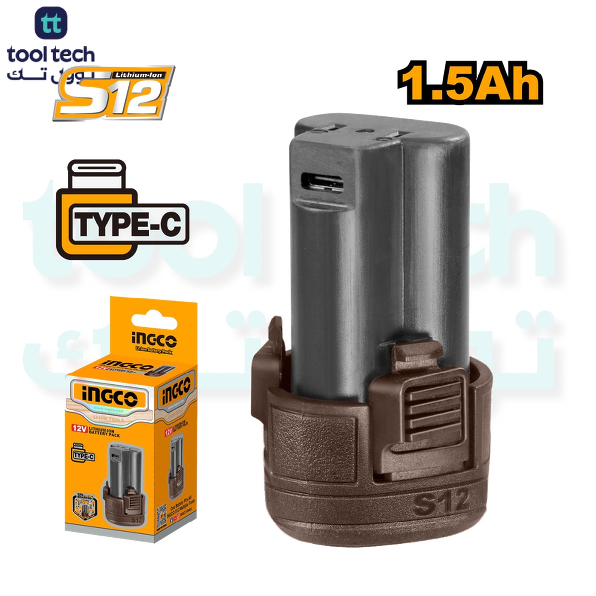 INGCO FBLI12153 12V 1.5Ah Lithium-Ion Battery Pack with USB Type-C Charging Port