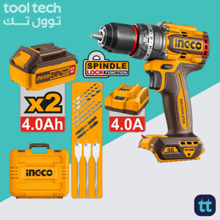 INGCO CIDLI20968 20V Brushless Cordless Impact Drill Kit with 2 × 4.0Ah Batteries, Charger, 13mm Metal Chuck & Carrying Case